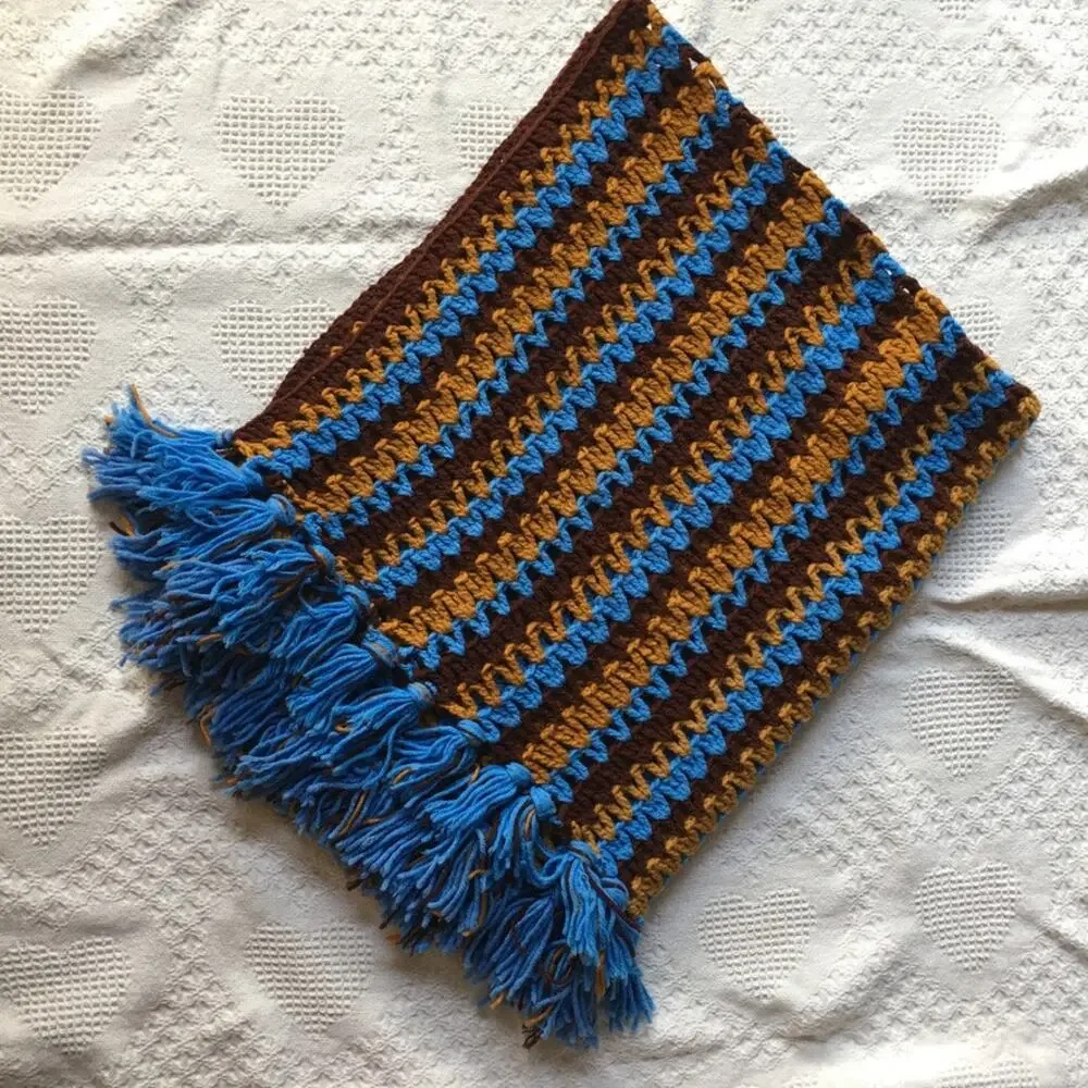 Vintage retro crocheted afghan, blanket - brown blue granny-core appr. 45